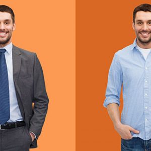Employee wearing a formal business attire versus casual outfit who is choosing between a corporation and startup